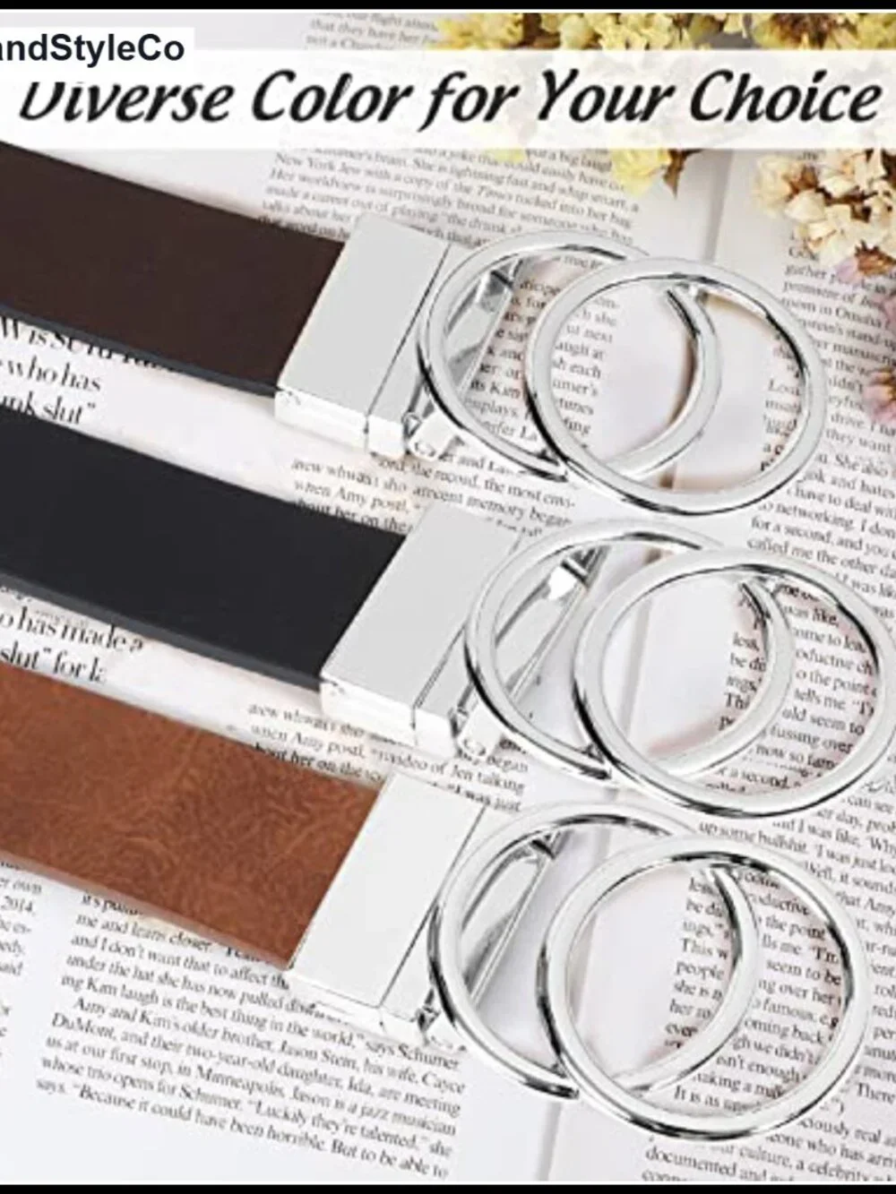 Women's Reversible PU Leather Waist Belt with Rotating Gold Double O Ring Buckle